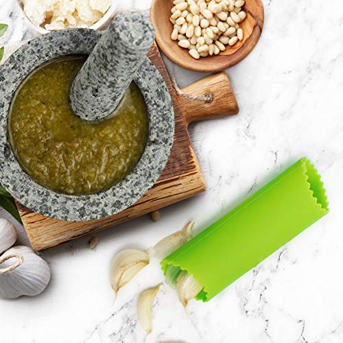 Mortar and Pestle Set - Unpolished Granite Bowl with Bonus Garlic Peeler | Great for Guacamole! | 1.5 Cup Capacity. Protective Pad for Stability and Protected Counters