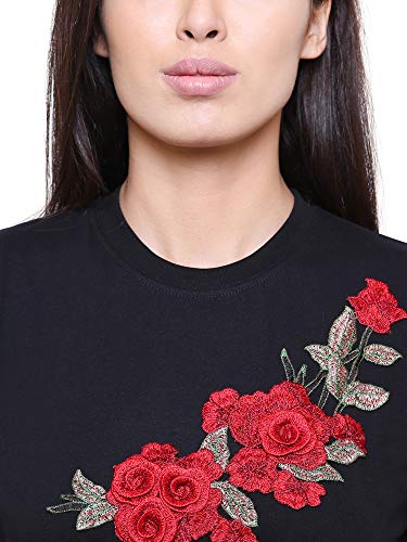 Image of Saundarya Women's Embellished T-Shirt Hosiery Fabric Half Sleeve Round Neck Blue and Red Embroidery Black