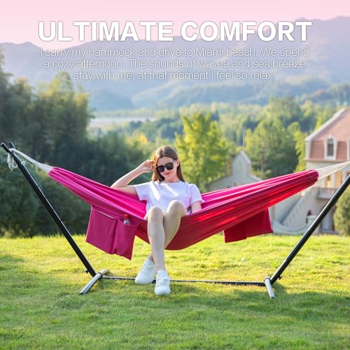 Image of PNAEUT Double Hammocks with Stand for Outside, Portable Space Saving Heavy-Duty Steel Stand for Indoor Outdoor Patio with Carrying Bag, 450 lbs Capacity (Rose Pink)