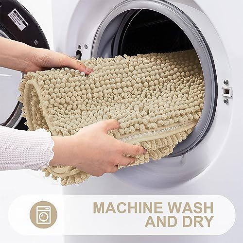 Grandaily Chenille Striped Bathroom Rugs 30x20, Extra Thick and Absorbent Bath Mats, Non-Slip Soft Plush Shaggy Shower Carpet, Machine Wash Dry, Bath Rug for Bathroom, (Medium, Beige) - Thumbnail 6