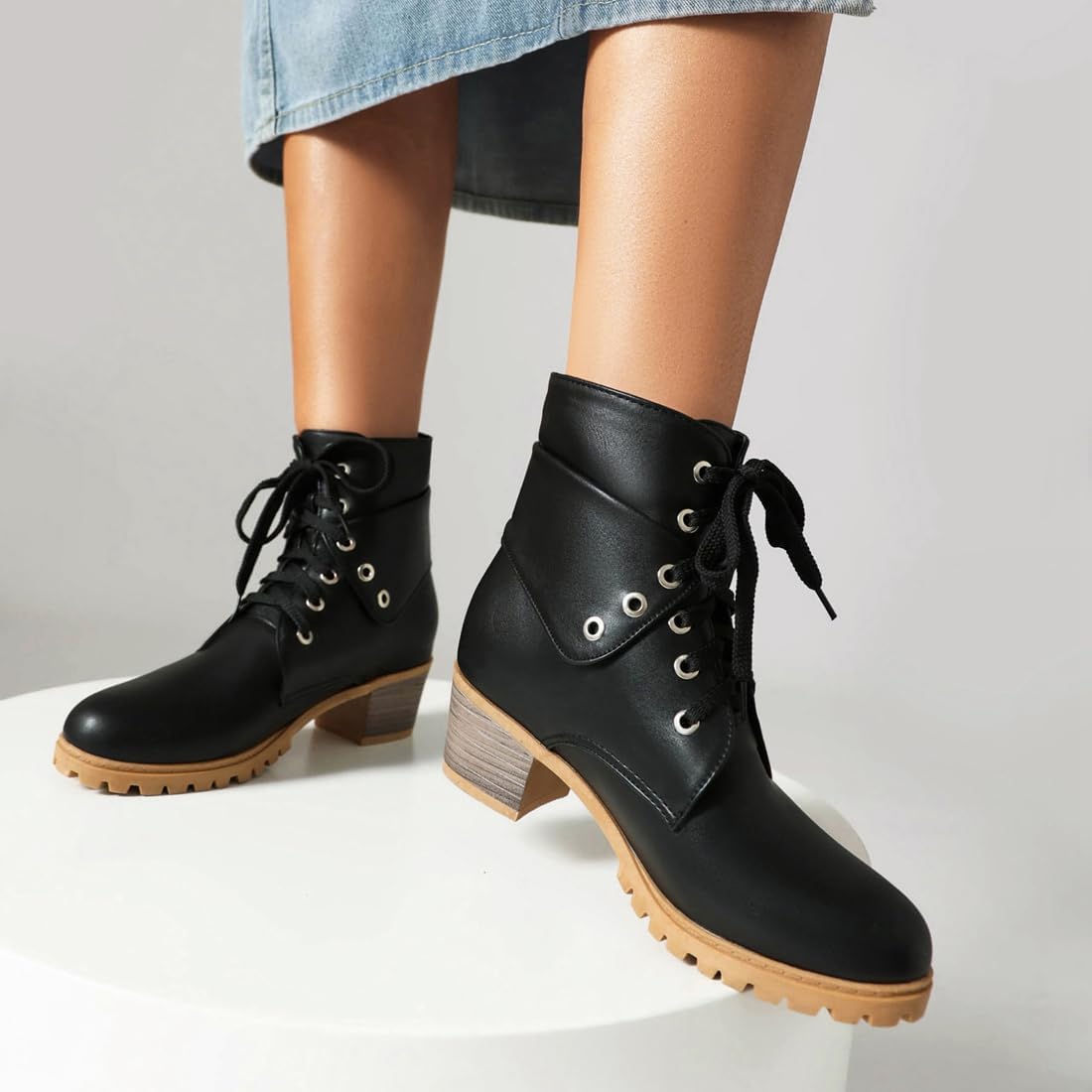 VOKLIN Women's Round Toe Dressy Ankle Boots Buckle Lace Up Low Heel Western Chelsea Combat Short Booties