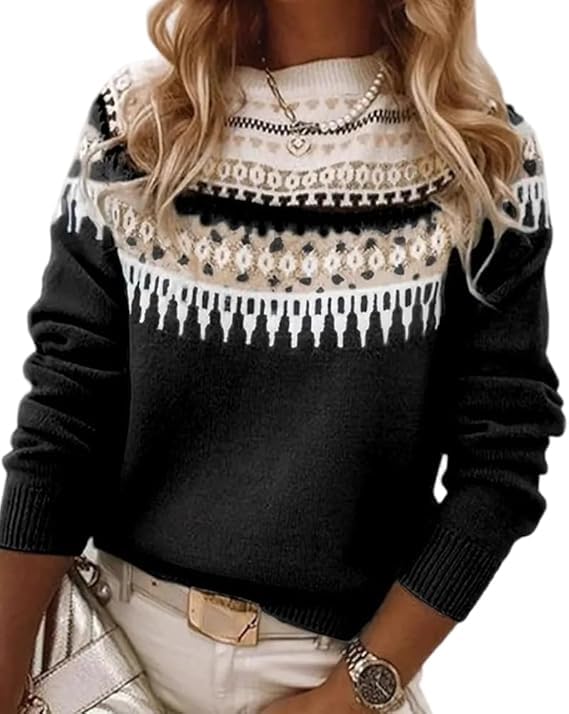 Womens Fair Isle Sweater Casual Vintage Crew Neck Knitted Sweater Cute Graphic Fall Fashion Pullover Jumper Tops