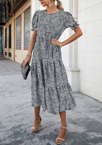PRETTYGARDEN Women's Summer Casual Boho Dress Floral Print Ruffle Puff Short Sleeve Flowy Midi Beach Party Dresses - Image 6