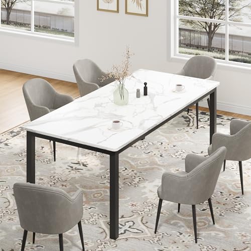 dainslef 71 Inch Industrial Dining Table, Large Rectangle Kitchen Table with Metal Legs, Round Corners, Wooden Conference Tables Writing Desk for Dining Room, Living Room, White Faux Marble