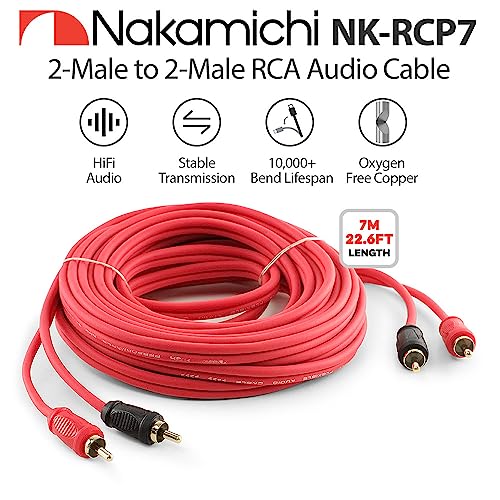 Image of Nakamichi RCA Oxygen Free Copper (OFC) Cable 2-Male to 2-Male Audio Stereo Subwoofer Auxiliary Cord for Home Theater HDTV Amplifier Hi-Fi Systems Car Speakers Receiver 7-Meter (22.6-Feet)