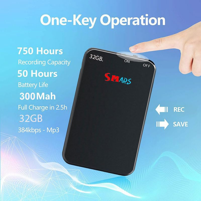 Image of Smars Ultra Slim Digital Voice Recorder | 32GB Inbuilt Memory with 40 Hours Recording | Voice Activated One Key Operation Dictaphone for Business, Meetings, Lectures
