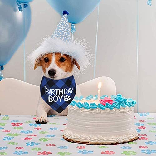 STMK Dog Birthday Bandana, Dog Birthday Boy Bandana Plaid Triangle Scarf for Dog Puppy Birthday (Blue)