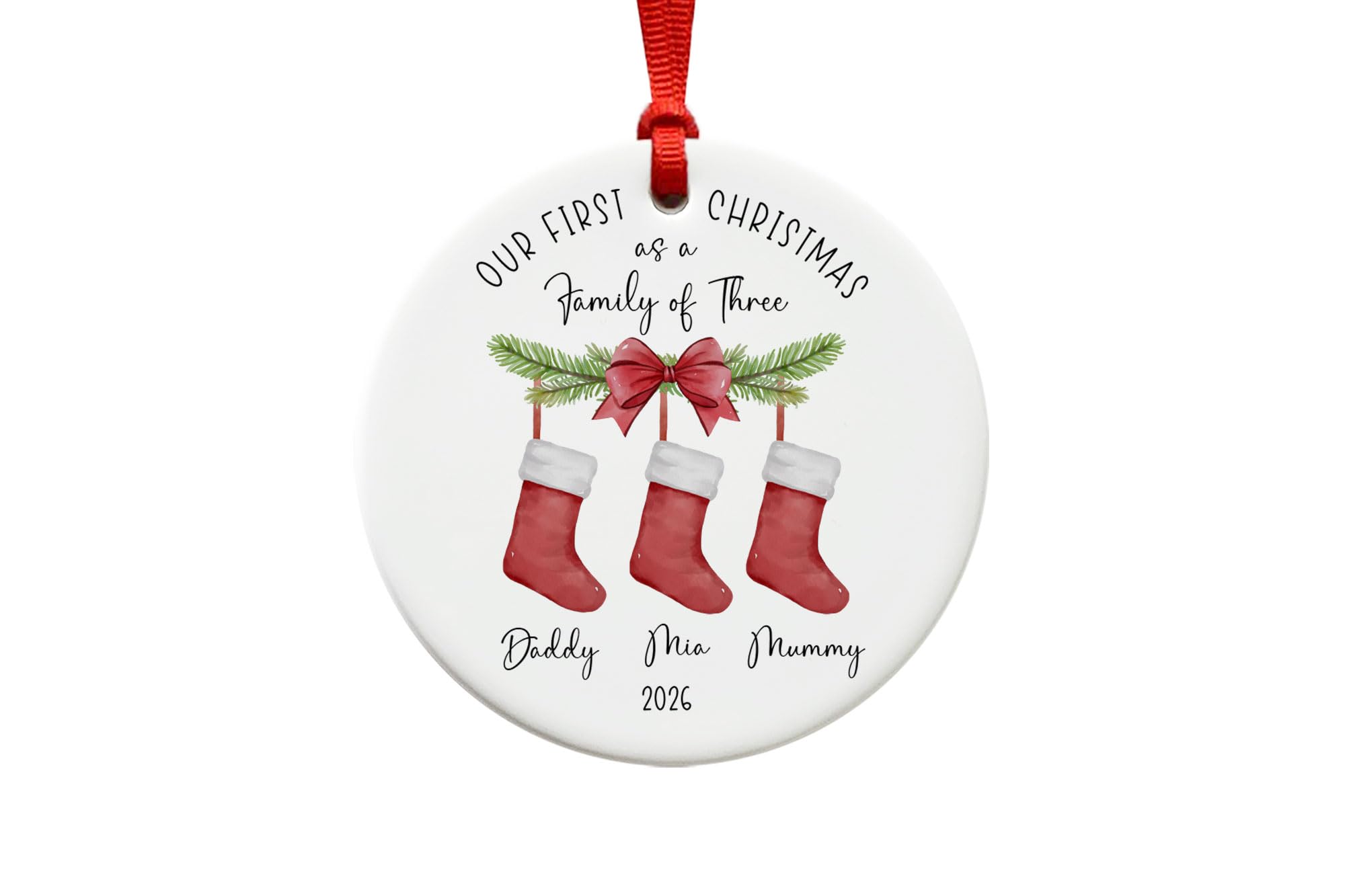 First Christmas As a Family of Three Ornament - Ceramic Stockings Christmas Tree Bauble Decoration Keepsake 2026 - New Baby Gift - New Parents Present