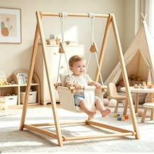 Baby and Toddler Swing Set with Stand, Montessori Portable Baby Swing, Wood