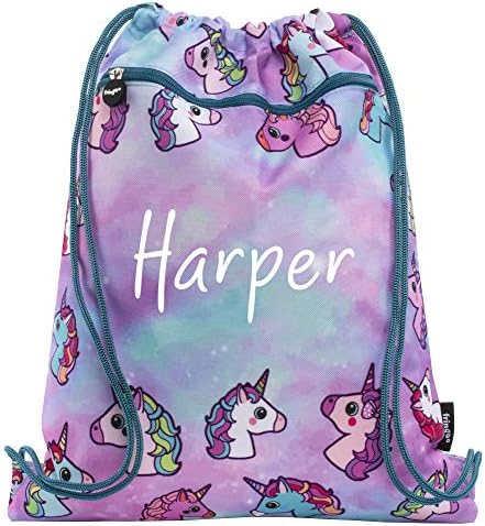 Fringoo Personalised Kids Drawstring Bag with Zipped Pocket PE Bag Swimming Football Gym School Bag for Boys Girls