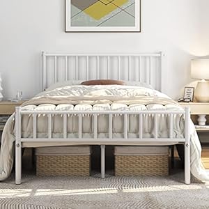 Yaheetech 14 Inch Full Size Bed Frame Metal Platform Bed with Spindle Headboard Footboard/Mattress Foundation/No Box Spring Needed/Underbed Storage Space/Steel Slat Support/Easy Set up, White
