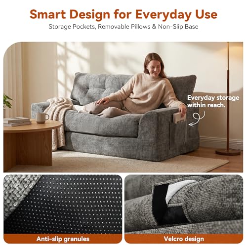 Image of MONVANE 55.5 inch Convertible Loveseat Sofa Bed, 2-in-1 Boneless Sleeper Sofa Couch with Storage Pocket, Comfy Chenille Deep Seat Couch for Living Room, No Assembly Required, Dark Grey