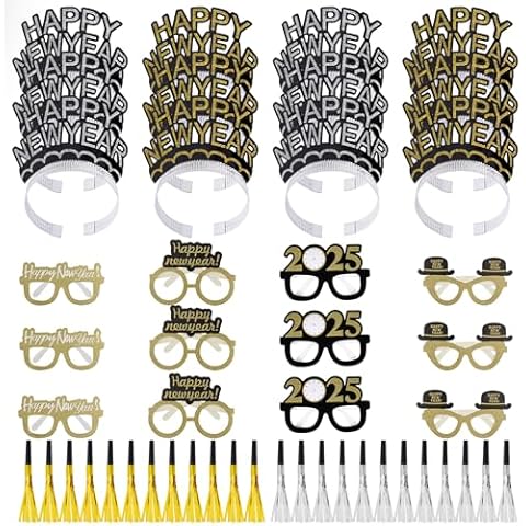 obmwang 36 Pieces New Years Eve Party Supplies Including Happy New Year Eyeglasses Happy New Year Headband and Metallic Fringed Noise Makers for 2025 New Year's Eve Party Favors Cover