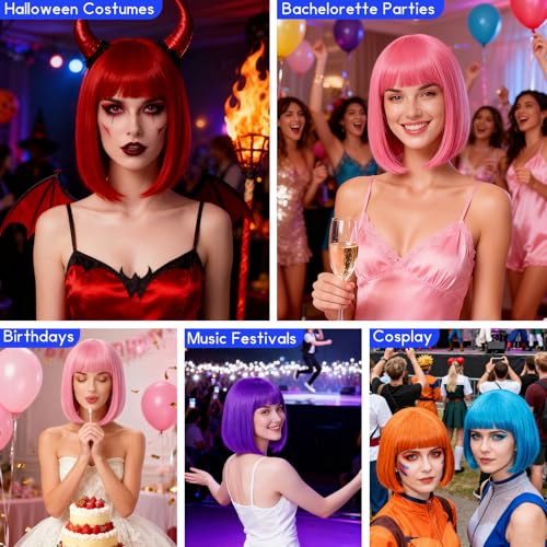 Image of 2 Pack Royal Blue Bob Wigs with Heart Sunglasses for Women Men, Neon Short Straight Bobs Funny Colorful Wigs with Hair Cap for Bachelorette Party Fancy Dress Christmas Halloween Costume