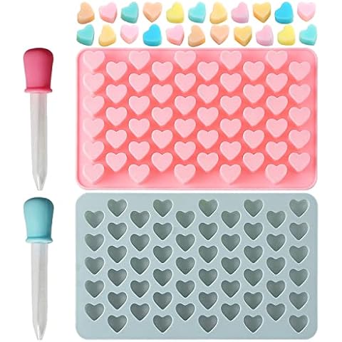 Verdental Small Heart Shape Silicone Candy Gummy Molds Chocolate Mold Pack of 2 Silicone Cake Molds for Baking 110 Cavities Ice Molds with 2 Bonus Droppers (Blue and Pink) Cover