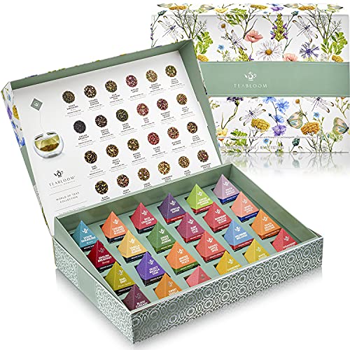 Teabloom Organic World of Teas, Variety Pyramid Tea Chest with 24 USDA Certified Organic Assorted Teas, Black Tea, Green Tea, White Tea, Oolong Tea, Herbal Tea