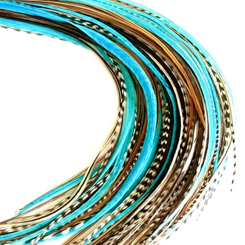 Feather Headz 21 Natural & Turquoise Color Hair Feathers - 7"- 12 Inch Long - Feathers For Hair Extension cover