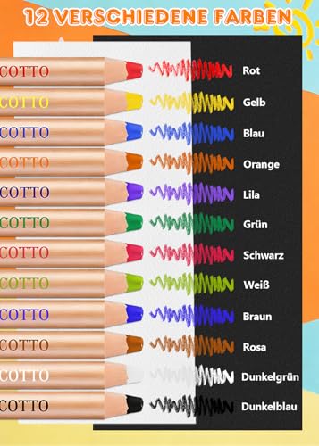 Surcotto 3 in 1 Buntstifte- Wasserlöslich - 12er Pack mit 1 Spitzer & 1 Pinsel, Dicke Holz-Wachskreiden/Aquarell-Wachsmalstifte, Malstifte Mehrfarbig