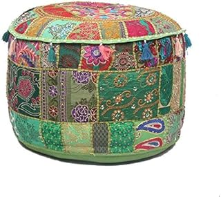 GANESHAM KLAVATE Indian Hippie Vintage Cotton Floor Pillow & Cushion Patchwork Bean Bag Chair Cover Boho Bohemian Hand Embroidered Handmade Pouf Ottoman (Green, 13