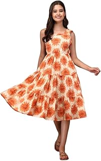 Daevish New Cotton Printed Flared Midi Dress for Women | Women Skater Dress Price In India