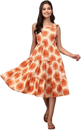 Daevish New Cotton Printed Flared Midi Dress for Women | Women Skater Dress