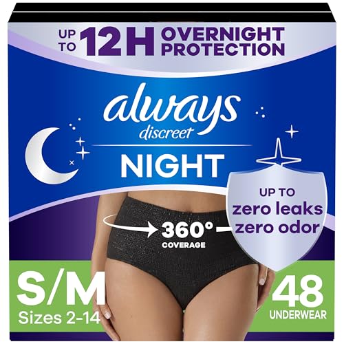 Image of Always Discreet Adult Incontinence Overnight Underwear for Women, Small/Medium, Up to 100% Bladder Leak Protection, 48 Count (3 Packs of 16)