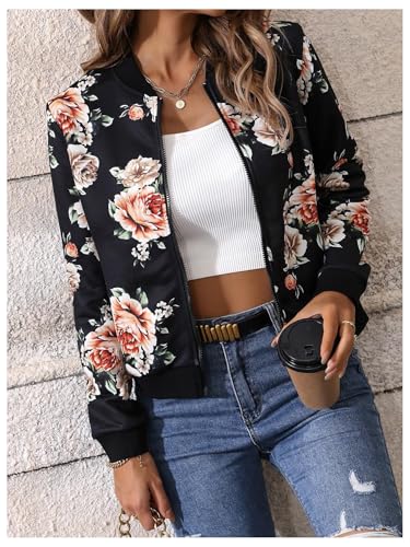 MakeMeChic Women's Baseball Jacket Floral Long Sleeve Zip Up Baseball Bomber Jacket Coat4