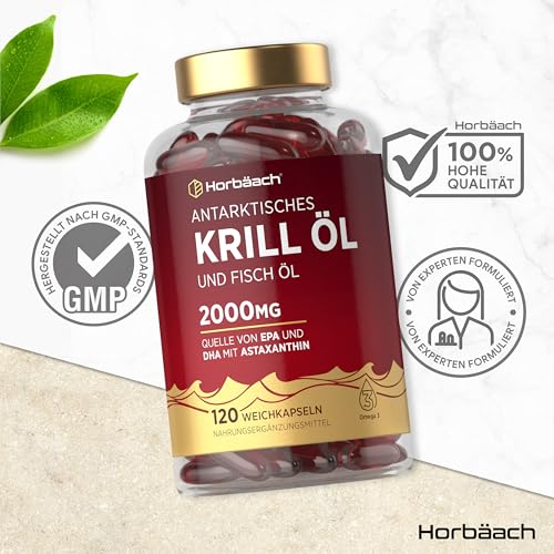 Krillöl Kapseln Hochdosiert 2000mg | Omega 3-340mg EPA/DHA mit 600 mcg Astaxanthin | Antarktis Krill | Alternative zu Lebertran | 120 Stück | Horbaach
