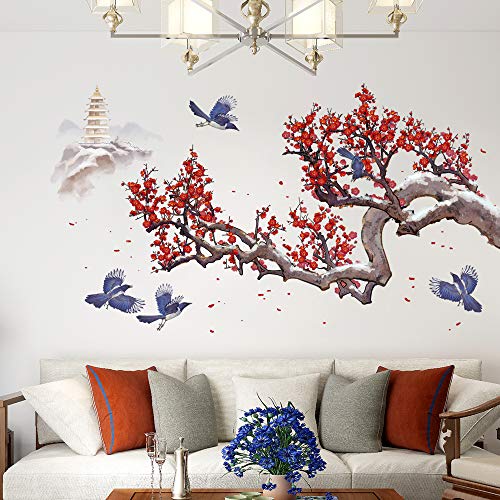 Amaonm Removable Giant Red Plum Blossom Black Tree Branches&Flying Birds Wall Decals 3D Diy Pee&Stick Home Decor Wall Sticker Wallpaper For Living Room Nursery Offices Kids Girls Bedroom Decoration #TOP6