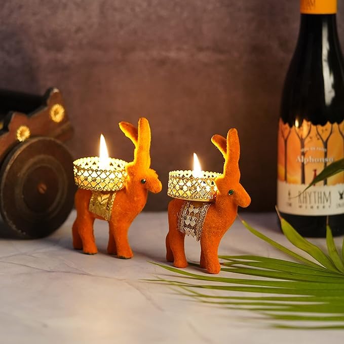 Renne de Noël photophores orange lot de 2 pour table de fête et salon