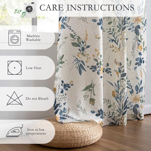 Image of MYSKY HOME Floral Linen Curtains 54 Inch Long Semi Sheer 2 Panels