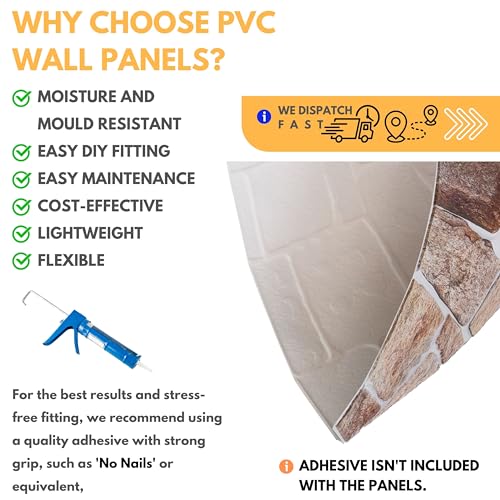 NOVECRAFTO Earthy Stone Effect 3D Wall Panels - 4 Sheets Covering 1.84 sqm | 19.84 sqft - Decorative PVC Plastic Cladding Panels - 96 cm x 48 cm | 37.79 x 18.89 in - Natural Earthy Brown, Grey Stone