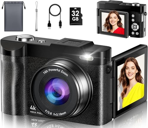 Cámara Digital, 4K 50MP Camara de Fotos 16X Zoom, Cámara Compacta con Pantalla Flip De 180° De 2,8', Autofocus Vlogging Cámara con 32GB, Recargable Fotográfica para Principiantes, Adolescentes