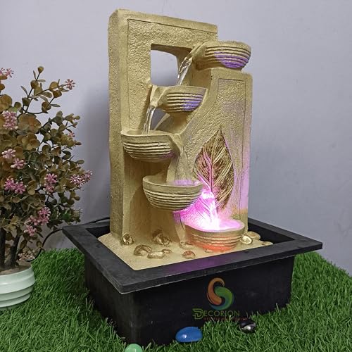 Image of Golden Leaf Diya Decorative Table Top Water Fountain for Home Decor /Office /Indoor & Outdoor /Garden /Puja Room /Vaastu with Multicolor LED Light and Adjustable Water Pump (GOLD LEAF DIYA D-044)