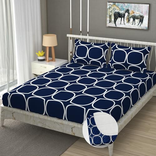 Image of Vram Premium Heavy Cotton Elastic Fitted Bedsheets with 2 King Size Pillow Covers || Double Bed with All Around Elastic 350 TC || 60 x 78 x 8 Inch Queen Size Fitted || :- Blue Round