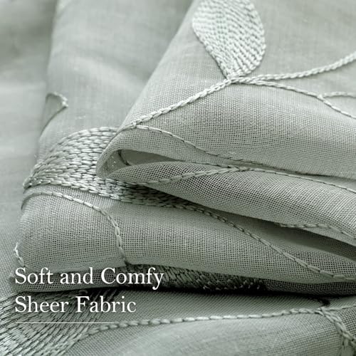 HOMEIDEAS Sage Green Sheer Curtains 52 X 63 Inches Length 2 Panels Embroidered Leaf Pattern Pocket Faux Linen Floral Semi Sheer Voile Window Curtains/Drapes for Bedroom Living Room