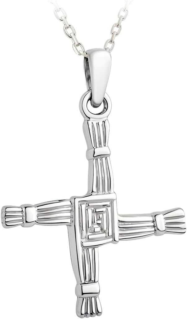 Biddy Murphy St. Brigid Cross Necklace Pendant, Sterling Silver Two Sided, Celtic Jewelry Made in Ireland, 18" Trace Chain