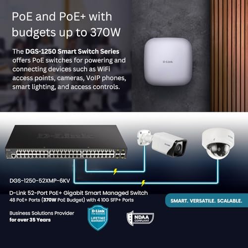 Image of D-Link 52-Port Gigabit Smart Managed PoE+ Switch | 48 PoE+ Ports (370W) + 4 10G SFP+ Ports| L2+ /L3 Lite |VLANs |Web Managed |Surveillance Mode | Rackmount | NDAA Compliant (DGS-1250-52XMP-6KV)