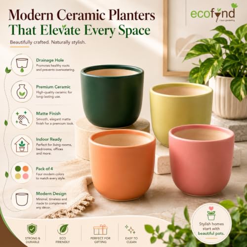 Image of ecofynd 5 Inch Ceramic Plant Pots with Drainage Hole, Modern Decorative Clay Flower Pots for Indoor Plants, Home Garden Decor for Living Room, Bedroom & Interior Spaces (Pack of 4, CPOT041-MUL)