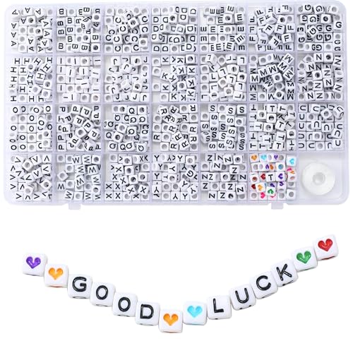 Acrylic Letter Beads 4mm Flat Round 6mm Square - Beads for Making Friendship Bracelet or Necklace (Square White Plus Black)