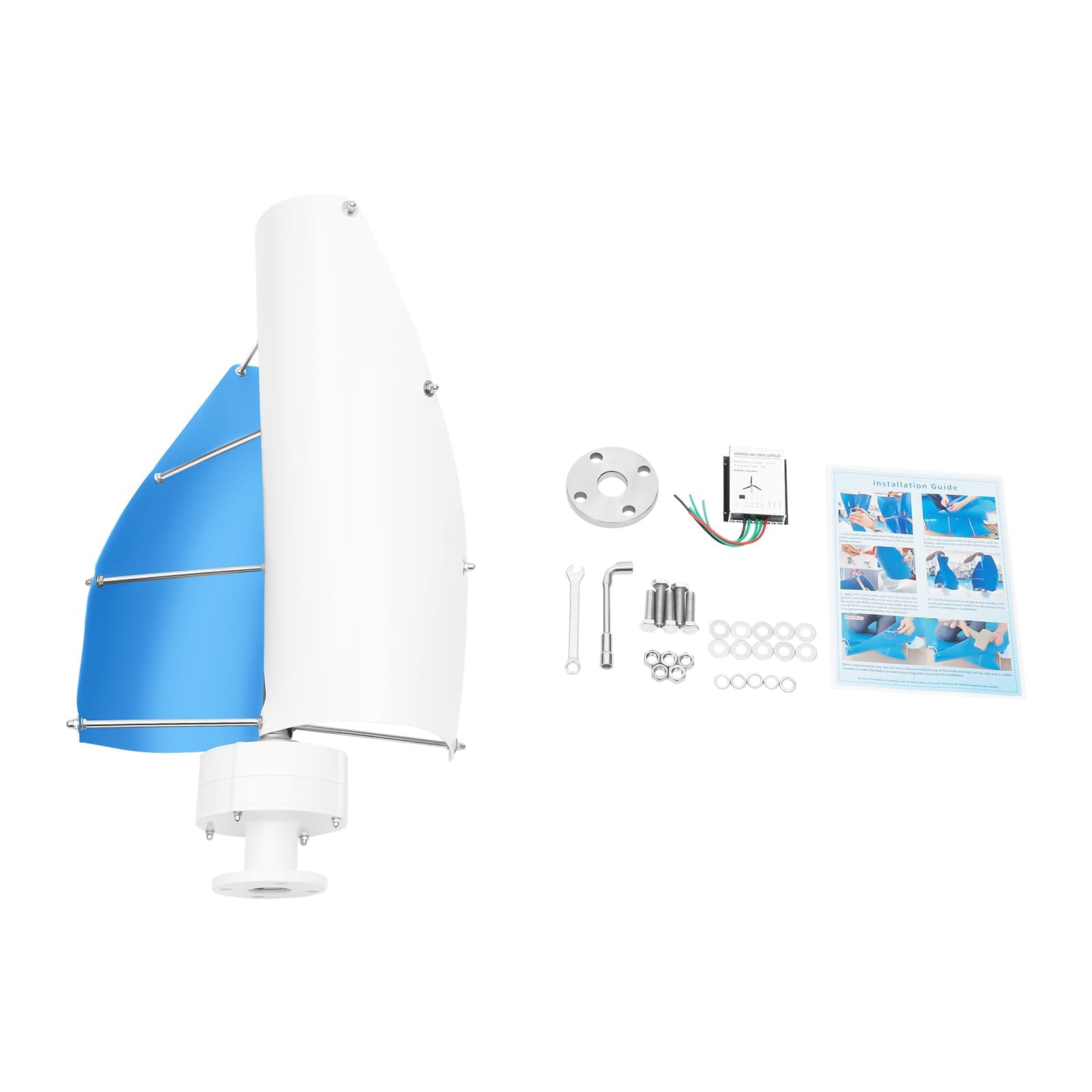 24V 100W Generatore Eolico Verticale, Con Controller 2 Pale, Disegno A Spirale, Controller Di Alta Qualità, Adatto Per Alimentazione Energia Degli Individui (bianco e blu)