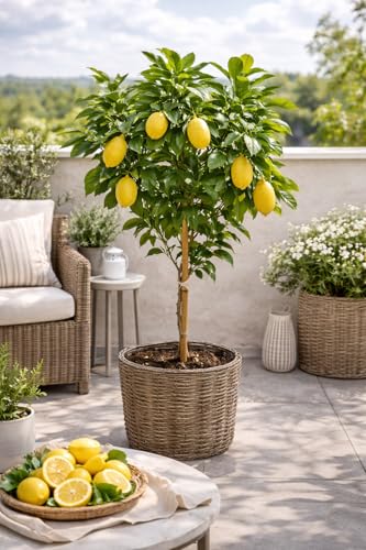 Zitronenbaum Interdonato 100-140 cm inkl. Topf - Echter Zitronenbaum für Balkon & Terrasse - Mediterrane Kübelpflanze - Zitronenpflanze mit essbaren Früchten - Robust & Pflegeleicht