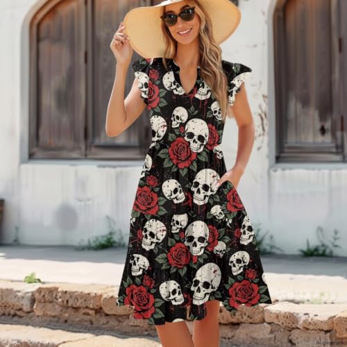 Image of Women's Casual Ruffle Sleeve Dress V Neck Pullover Dress Flowy A-Line Pleated Lightweight Dress with Pockets
