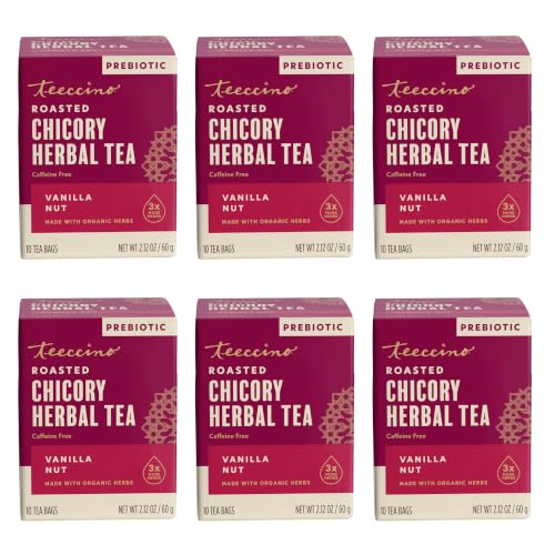 Teeccino Vanilla Nut Herbal Tea - Rich & Roasted Herbal Tea That’s Caffeine Free & Prebiotic for Natural Energy, 10 Tea Bags (Pack of 6)