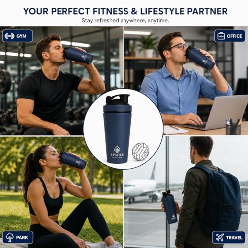 Image of SPADES 750ml Stainless Steel Protein Shaker Bottle with Mixing Ball | Leak Proof Gym Shaker for Protein & Pre Workout Drinks.. (Blue)