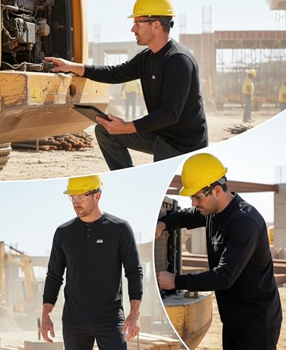 Image of BOCOMAL FR Shirts for Men Long Sleeve EX Soft Flame Resistant Henley CAT2 | NFPA2112 6oz Midweight Cotton Knit Heather Series,Moisture-Wicking /Breathable,Chest Pocket,Rib-Knit Cuffs,Summer Work T Shirt