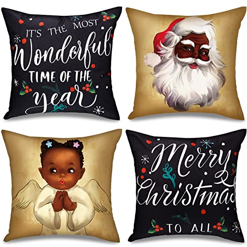 Jetec 4 Pcs Merry Christmas Black Santa Claus Throw Pillow Cover 18 x 18 Inch African American Holiday Throw Pillow Case Decorative Cushion Cover Indoor Sofa Couch Xmas Decor
