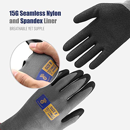 Image of HANDLANDY 6 Pairs Safety Work Gloves with MicroFoam Nitrile Coated - Breathable Nylon Gloves with Grip for Men & Women