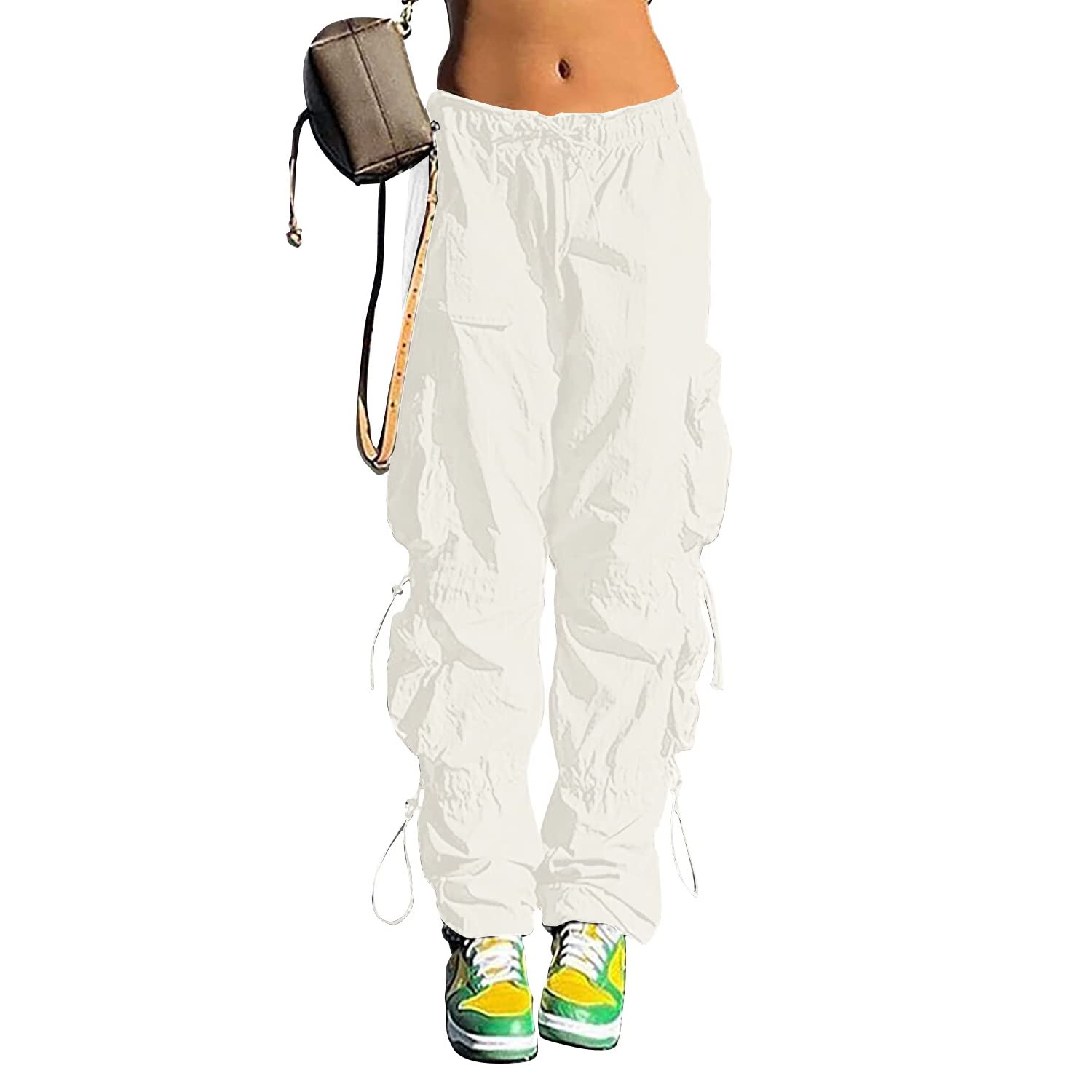 QYANGG Baggy Parachute Pants for Women& Girls Drawstring Elastic Low Waist Ruched Cargo Pants Multiple Pockets Jogger Y2K