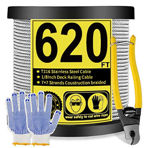 Deck Railing Cable, 1/8 Stainless Steel Cable, T316 Aircraft Cable, Stainless Steel Wire for Cable Railing System 620FT